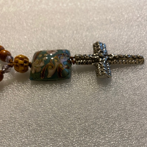 Bayong Wood Bead Necklace - Pewter Cross, Glass Bead, Carved Bone Bead - Picture 11 of 13